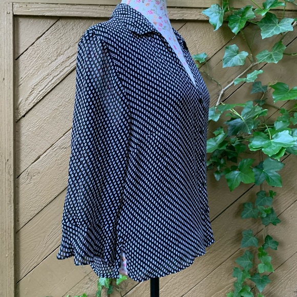 Style Co 3/4 ruffle sleeve button-up Shirt Sz 14P black white check business top - Picture 3 of 16